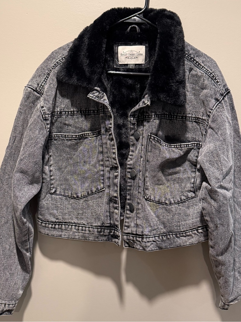 Washed Gray Denim Jacket with Black Faux Fur Collar - Women’s Jean Jacket